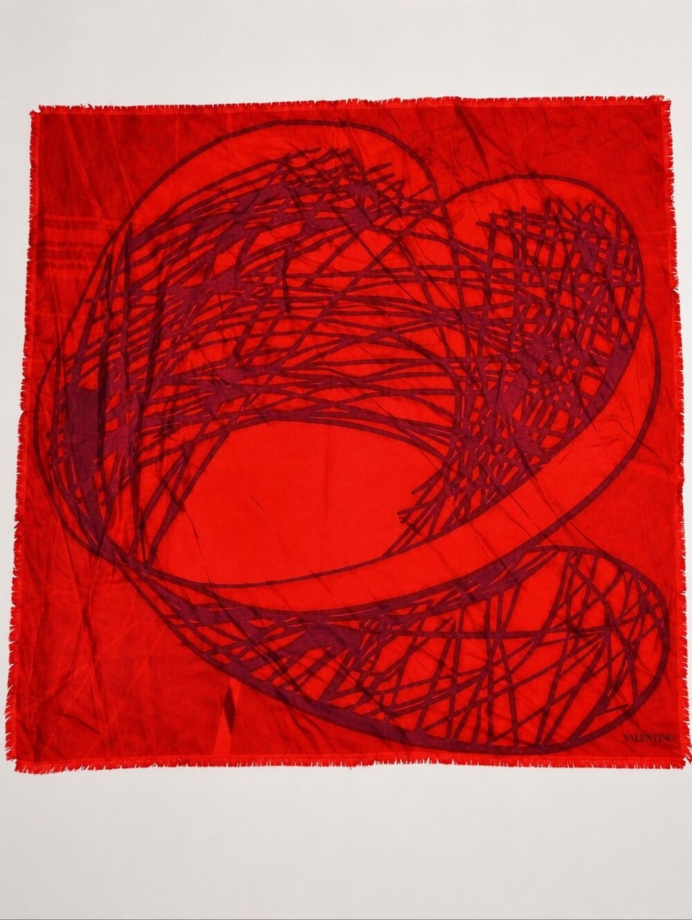 VALENTINO | Red Abstract Print 100% Silk Fringed 34" Square Scarf